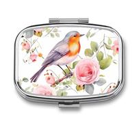 Floral Print Watercolor Robin Bird Pill Case with 2 Compartment, Pill Organizer Portable Square Pill Box,Vitamin Pill Organizer for Pocket Purse and Travel
