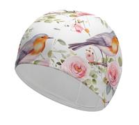 Floral Print Watercolor Robin Bird Swim Cap for Adult, Elastic Fabric Swimming Cap, Comfortable Bathing Cap for Long & Short Hair