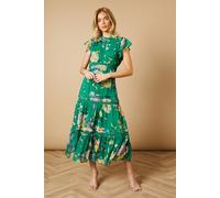 Floral Printed Chiffon Lace Insert Dress Oasis Green 12
