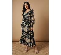 Floral Printed Ruffle Detail Shirred Waist Midaxi Dress Oasis Black 10