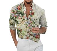Floral Printed Shirt for Men, Casual Button Down Long Sleeve Patterned Hawaiian Shirt Beach Vacation Party Fancy Floral Shirts Regular Fit Floral Dress Shirt Summer Holiday Shirts Khaki