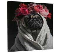 Floral Pug Canvas Wall Art, Peach Black Cute Dog Poster Prints, Modern Animal Wall Art Home Decor for Living Room, Bedroom, Animal Lover Gift 12x12 Inch