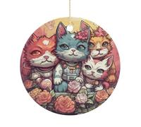 Floral Punk Style Double-Sided Ceramic Christmas Ornaments - Round Hanging Mini Xmas Tree Decorations, Ideas for Farmers, Rustic Home Decor for Indoor Outdoor Tree Decor