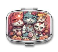 Floral Punk Style Pill Box - 2 Compartment Travel Pill Organizer with Small Mirror, Portable Pillcase for Pocket & Purse, Cute Square Medicine Case, Weekly Medicine Container