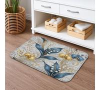 Floral Quick Dry Bath Mat, Elegant Blue Gold Design Absorbent Non Slip Shower Mat, Spring Decorative Flannel Washable Bath Rugs for Bathroom Toilet Restroom 20x32 Inch