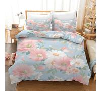 Floral Quilt Cover Set 2/3 Pcs,Reversible Watercolor Pink Flower Green Leaves Single Duvet Cover for Women Girls Couple,Soft Breathable Microfiber Farmhouse Blue Bedding Set with Zipper Closure
