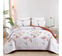 Floral Quilt Set Full/Queen Size,Burnt Orange Bedspread Queen Botanical 3 Pieces Cute Quilts Microfiber Lightweight Flower Coverlet Sets Soft Reversible White Bedding Set for All Season( 96"x90")