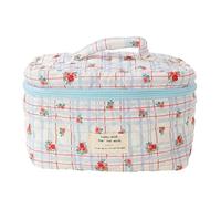 Floral Quilted Bag - Makeup Organizer Travel Pouch Portable Toiletry Storage Bag Soft Fabric Cosmetic Bag Large Capacity Zipper | Solutio, Blue Check Red Flower, Se référer au descriptif, Refer to