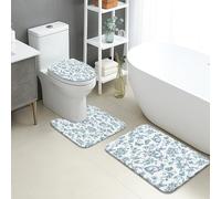 Floral Rabbit Quick Dry Bath Mat, Vintage Blue Flower Plants Absorbent Non Slip Shower Mat, Spring Decorative Flannel Washable Bath Rugs for Bathroom Toilet Restroom 3 Piece Sets