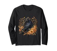 Floral Raven Geometric Accents Cottagecore Botanical Art Long Sleeve T-Shirt