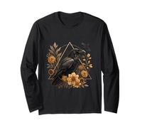 Floral Raven Geometric Accents Cottagecore Botanical Art Long Sleeve T-Shirt