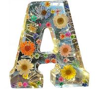 Floral Resin Night Light with Pressed Flower Letters, Decorative Alphabet Lamp for Bedroom Home Decor, Handmade Letter Dried Flower Desktop Ornament for Mother, Wife, Women (A)