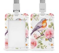 Floral Robin Bird Id Badge Holder with Lanyard, Clear Vertical Card Protector Waterproof, Breakaway Safety Neck Strap, Heavy Duty Name Tag Holder for Nurse Teacher Officer Staff Women Men