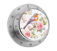 Floral Robin Bird Kitchen Timers, Manual 60 Minute Wind Up Timer Clock with Loud Alarm, Magnetic Backing, Mechanical Kitchen Timers, No Batteries Required, Countdown Timer for Cooking Baking