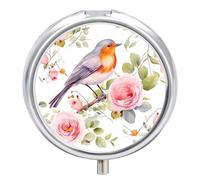 Floral Robin Bird Metal Pill Organizer, 3 Compartment Waterproof Pill Case with Mirror for Purse Pocket Bag, Daily Medicine Vitamin Holder, Portable Travel Med Container(Round)