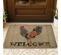 Floral Rooster Welcome Mat, Colorful Chicken Doormat for Spring Home Entrance, Rustic Farmhouse Decor, Rubber Non-Slip Outdoor Indoor Mat, Easy Maintenance 29x17 Inch