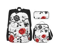 Floral Rose Leaf Spring Stylish Travel Backpack, Lunch Box, Pencil Case Set, Cute Water Resistant Durable Lightweight Black, One Size, Black, One Size