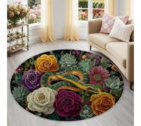 Floral Roses Animals Snakes Round Rug 60 cm for Under Table, Vintage Glamorous Washable Non-Slip Circle Carpet, Low-Pile Rug Floor Mat for Dining Room & Living Room, Multicoloured