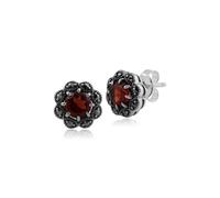 Floral Round Garnet & Marcasite Cluster Stud Earrings in 925 Sterling Silver