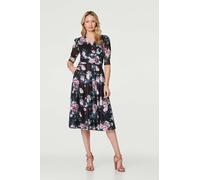 Floral Ruched Midi Tea Dress Izabel London Black 8