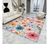 Floral Rug Large - Floral Rug - Colourful Flower Botanical Rugs, Pastel Watercolour Wildflower Spring Carpet, Washable Rug Non Slip Low Pile Soft Large Area Rugs, Floral Home Decor Gifts, 120 X 120 cm
