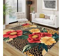 Floral Rugs Living Room Large 160x230 - Colourful Flower Leopard Bedroom Rug, Stylish Unique Botanical Washable Non Slip Low Pile Carpet, Floral Home Decor