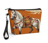 Floral Saddle And Colorful Clouds Floral Saddle And Colorful Clouds Makeup Bag for Women, Small PU Vegan Leather Cosmetic Bag with Zipper & Wrist Strap, Water-Resistant Travel Toiletry Pouch, Cute Pur