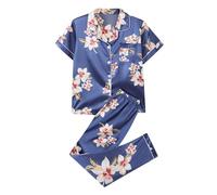 Floral Satin Pyjamas For Women - Satin Pyjamas For Women Plus Size - Silk Pyjama Set Floral Loungewear Tracksuits Button Up Pjs Petite Nightwear Silk Set Button Up Pyjama Loungewear Blue