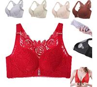 Floral Secrets Comfort Rose Bra, Floral Secrets Bra Push Up FitMe Rose Embroidery Front Closure Wirefree Bra (Red,44/100CDE)