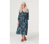 Izabel London Floral Semi Sheer V-Neck Midi Dress for Women UK with Pleat Front, mesh Details and 3/4 Sleeves. Green