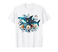 Floral Shark Celestial Ocean Botanical Marine Beach Art T-Shirt