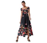 Roman Originals Bardot Dress for Women UK Ladies Shirred Chest Off Shoulder Cold Shoulder Maxi Midi Summer Beach Holiday Sleeveless Garden Cocktail Party Elasticated - Black Red - Size 20