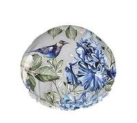 Floral Shower Cap Spring Plant Flowers Hydrangea Hibiscus Iris Bird Leaf Large Bath Caps for Women Men Girls Long Hair Waterproof Reusable Hats Blue Green