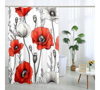 Floral Shower Curtain, Red White Poppy Flower Shower Curtain for Bathroom Decor, Spring Summer Modern Elegant Waterproof Fabric Shower Curtain Set with Hooks 72x72 Inch