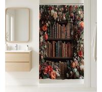 Floral Shower Curtain, Vintage Bookcase with Colorful Flowers Bathroom Decor, Spring Summer Bohemian Waterproof Fabric Shower Curtain with Hooks 36x72 Inch