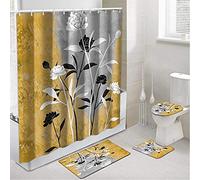Floral Shower Curtains with Bath Mats,4 Pcs Grey Gold with Black White Lily Flower Fabric Bathroom Decor Sets with Waterproof Bathtub Curtain with Hooks,Non-Slip Rugs (Grey)