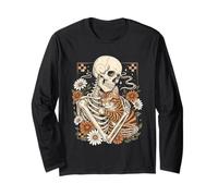 Floral Skeleton Hugging Cat Halloween Cat Lover Cat Mom Dad Long Sleeve T-Shirt