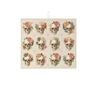 Floral Skull Dish Drying Mats For Kitchen Counter, Vintage Rose Skull Absorbent Dish Drainer Rack Mat, Gothic Microfiber Drying Pad For Kitchen Counter Decor 16x18 Inch