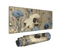 Floral Skull Large Gaming Mouse Pad, Beige Blue Botanical Design Stitched Edge Mousepad, Rubber Non-Slip Washable Gaming Mouse Pad for Home and Office Computer, Laptop 16x36 Inch