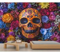 Floral Skull Mural Skeleton Wallpaper Mexican Wall Mural Giant 3D Wallpaper Commercial Scale Coffee Shop Lounge Gallery (Non-self-Adhesive)