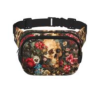 Floral Skull Print Square Double Layer bag Waist Bag Trendy Pack Travel Bag with Adjustable Bel, Black, One Size