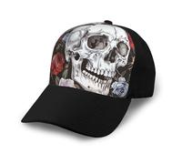Floral Skull Printed Cotton Baseball Cap - Adult Adjustable Trucker Hat Black, Black, One size
