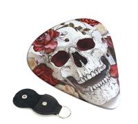 Floral Skull Printed Guitar Picks, 6 Pack with Leather Keychain Pick Holder - 0.46mm, 0.71mm, 0.96mm Assorted Thickness for Acoustic Ukulele, Electric Guitar, Acoustic Guitar, Bass