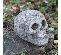 Floral Skull Stone Statue | Outdoor Gothic Skeleton Garden Ornament Decoration