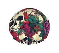 Floral Skulls Print Reusable Spa Salon Shower Cap For All Hair Lengths With Lining Elastic Band