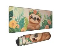 Floral Sloth Large Gaming Mouse Pad, Pastel Green Cute Sloth Design with Flowers, Non-Slip Washable Mousepad for Home and Office Use, Ideal for Summer Decor 12x32 Inch