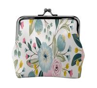 Floral Spring Flowers Lovely Blue Pink Rose Green Leaf Sweet Colors, PU Leather Coin Purse, Small Wallets, Change Pouch with Kiss Lock Clasp Buckle, Change Purse