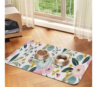 Floral Spring Flowers Lovely Blue Pink Rose Green Leaf Sweet Colors,Waterproof Pet Feeding Mat,PU Leather Placemats for Cat Dog Water Bowl,Food Mats,40x60cm