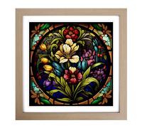 Floral Stained Glass Effect No.1 Framed Print | 18x18 Inch Oak Framed Wall Art | Ready to Hang | Modern Floral Picture | Living Room Bedroom Lounge Office