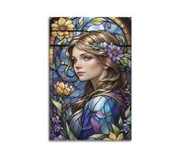 Floral Stained Glass Wall Art, Colorful Print, Art Nouveau Poster, Exquisite Canvas Picture Artistic Wall Mural Modern Hanging Decor Poster16x24inch(40x60cm)